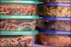 Small containers of food for the freezer.